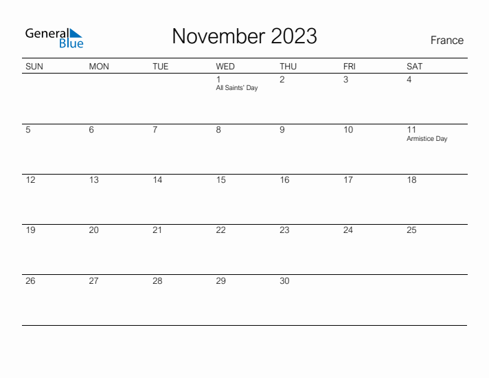 Printable November 2023 Calendar for France