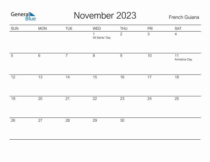 Printable November 2023 Calendar for French Guiana
