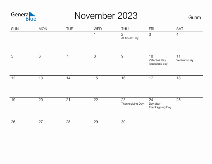 Printable November 2023 Calendar for Guam