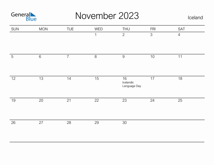 Printable November 2023 Calendar for Iceland
