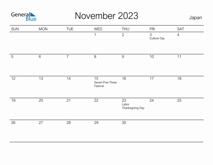 Printable November 2023 Calendar for Japan