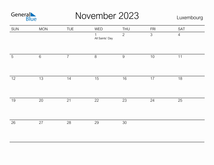 Printable November 2023 Calendar for Luxembourg