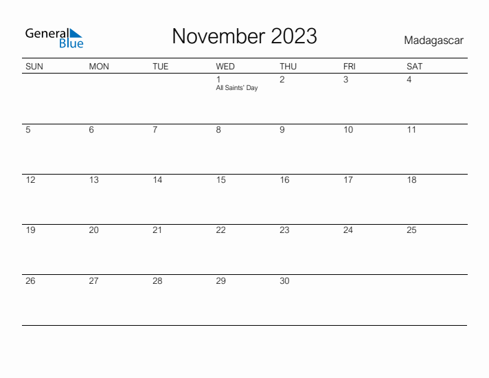 Printable November 2023 Calendar for Madagascar