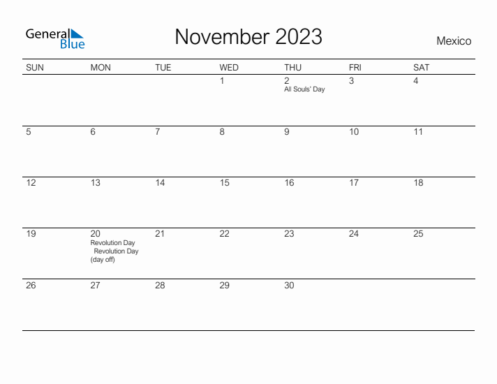 Printable November 2023 Calendar for Mexico
