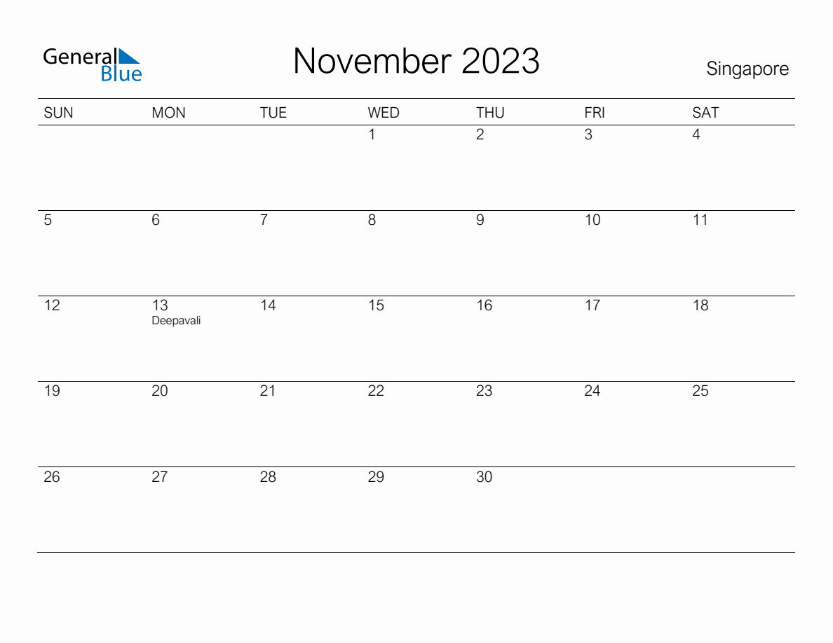 Printable November 2023 Monthly Calendar with Holidays for Singapore