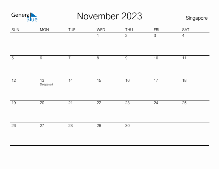 Printable November 2023 Calendar for Singapore