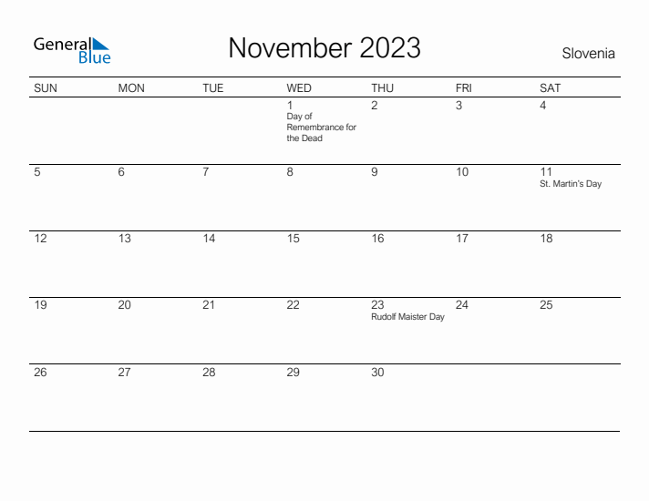 Printable November 2023 Calendar for Slovenia