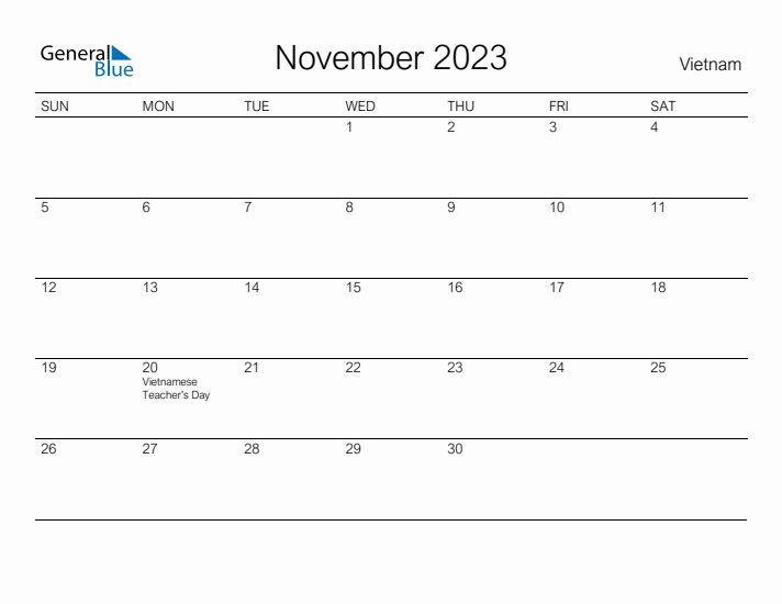 Printable November 2023 Calendar for Vietnam