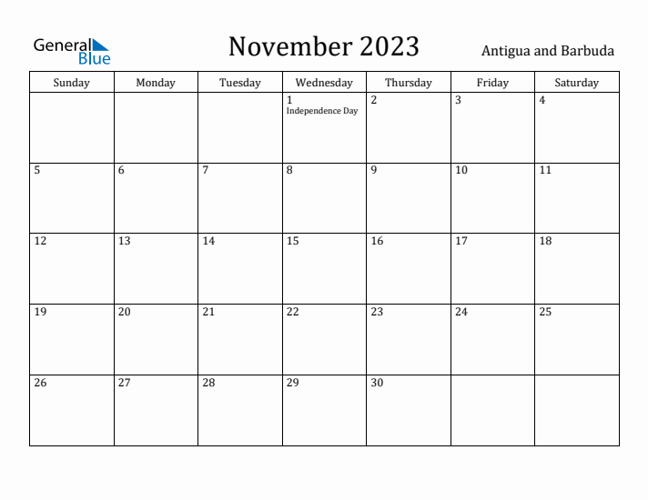 November 2023 Calendar Antigua and Barbuda