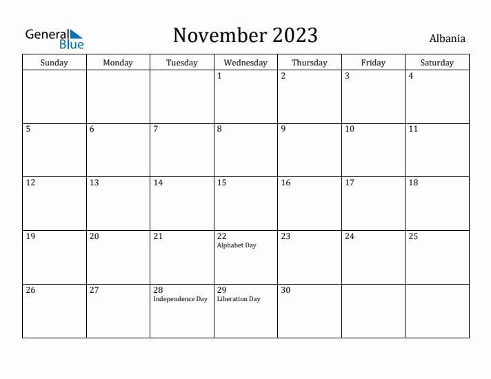 November 2023 Calendar Albania