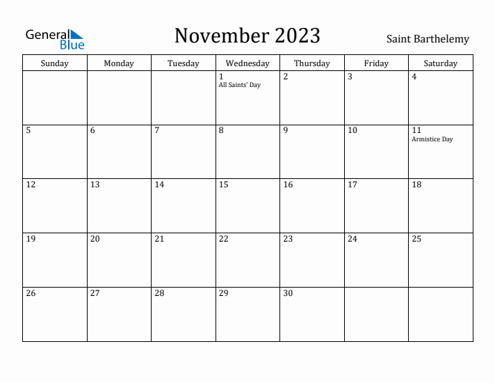 November 2023 Calendar Saint Barthelemy