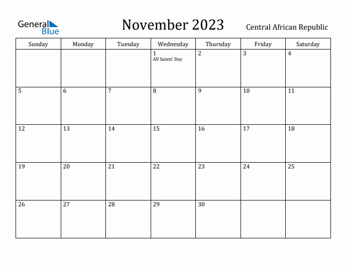 November 2023 Calendar Central African Republic