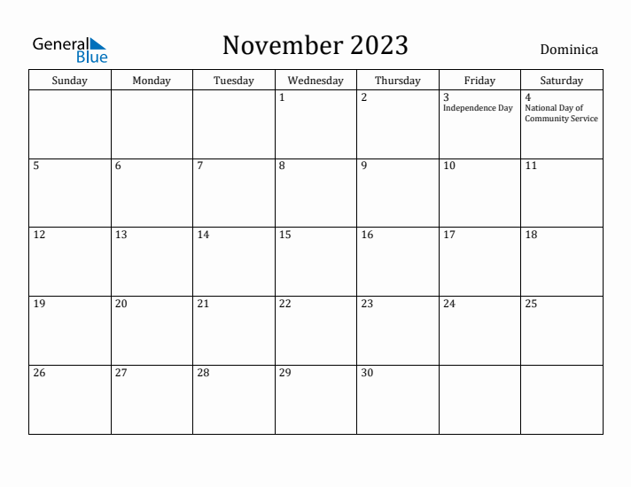 November 2023 Calendar Dominica