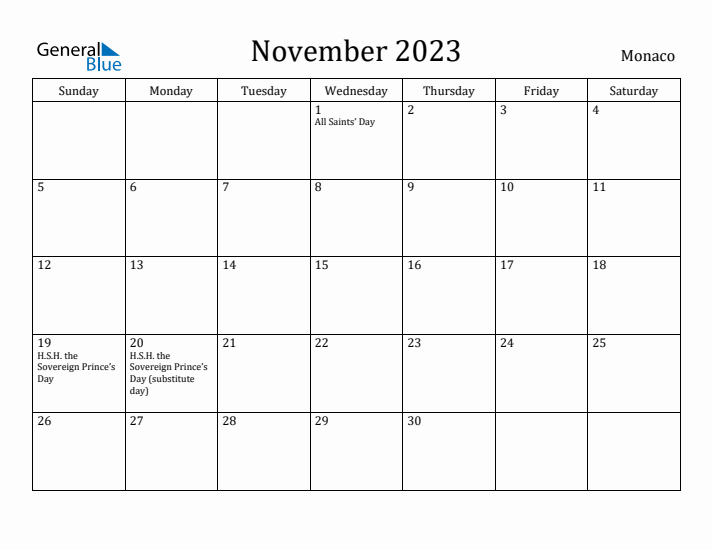 November 2023 Calendar Monaco