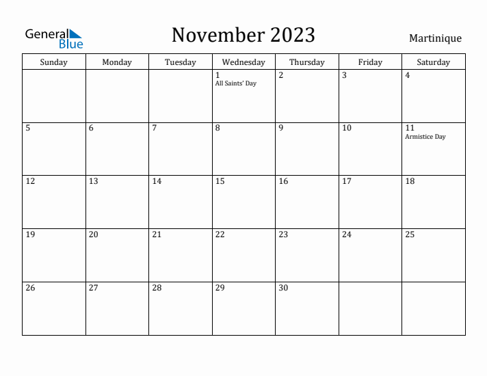 November 2023 Calendar Martinique