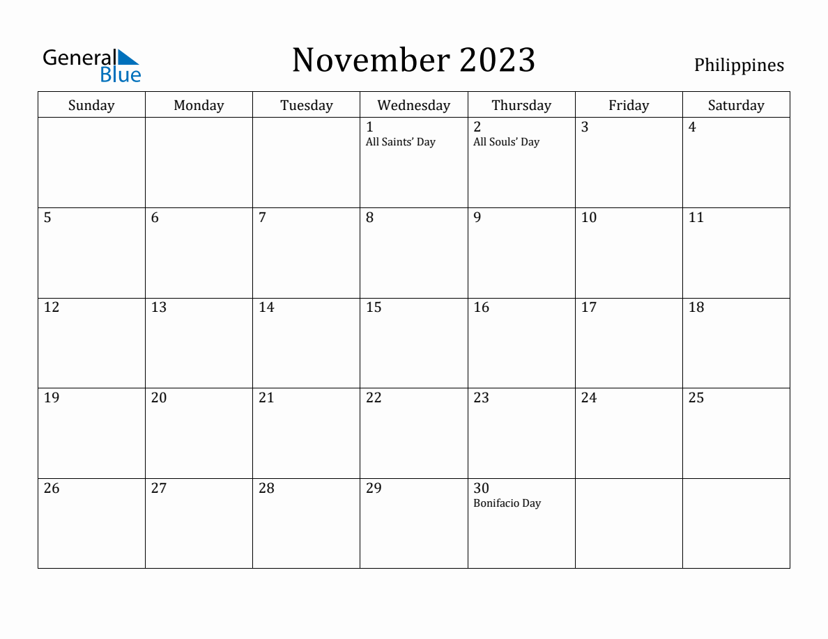 November 2023 monthly calendar with holidays in Philippines