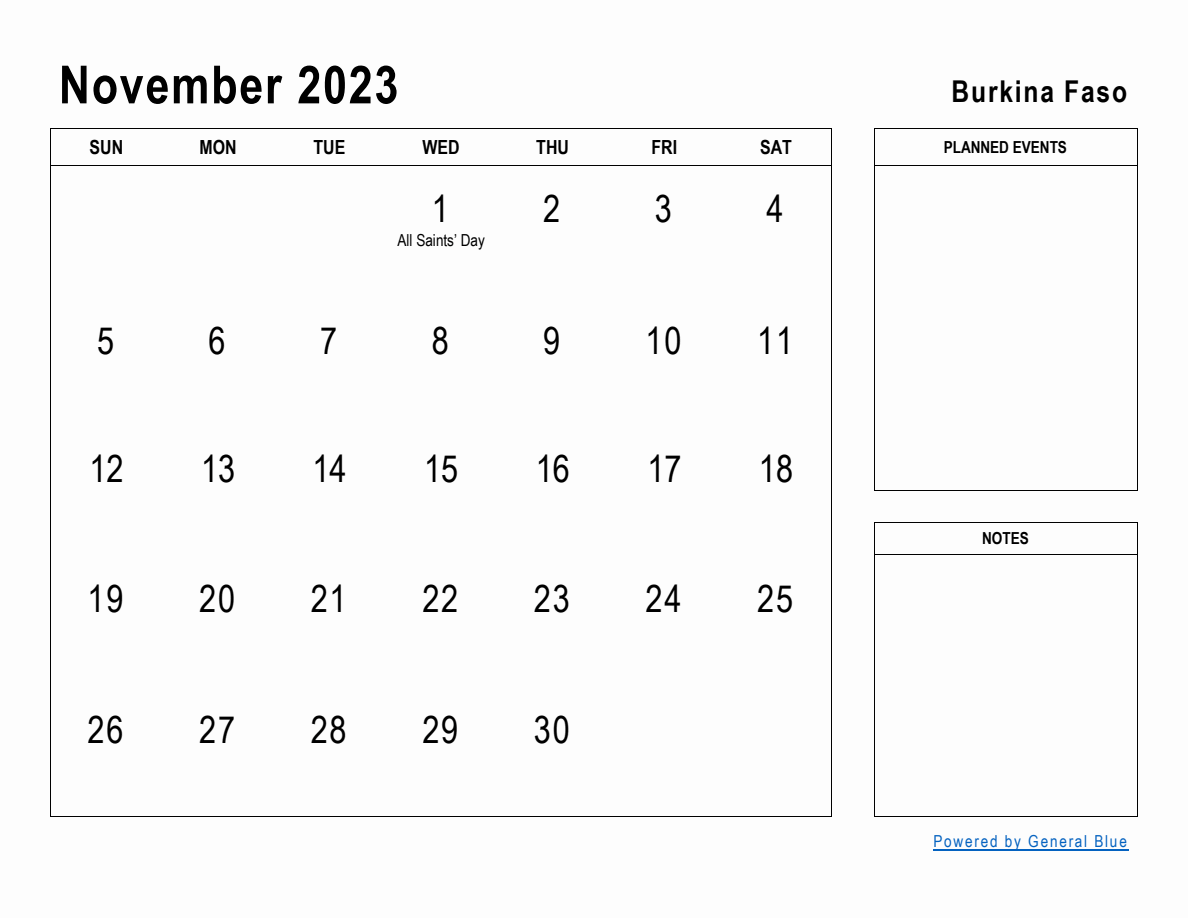 November 2023 Planner with Burkina Faso Holidays