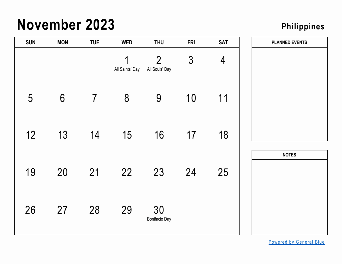 November 2023 Planner with Philippines Holidays