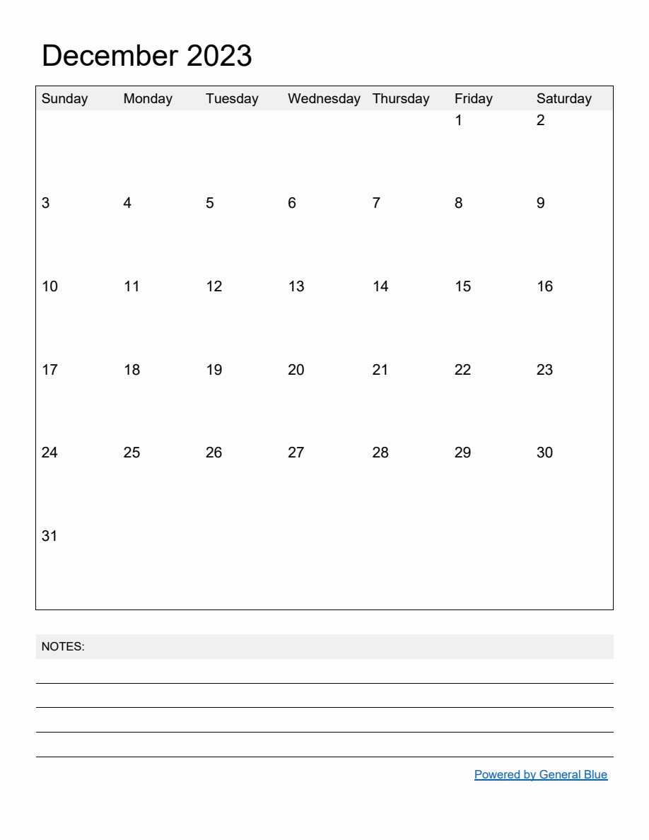 Free Printable Monthly Calendar for December 2023