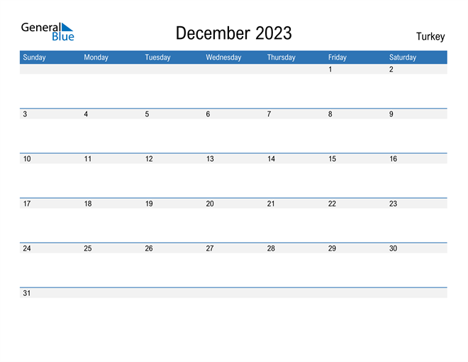 December 2023 Calendar with Turkey Holidays