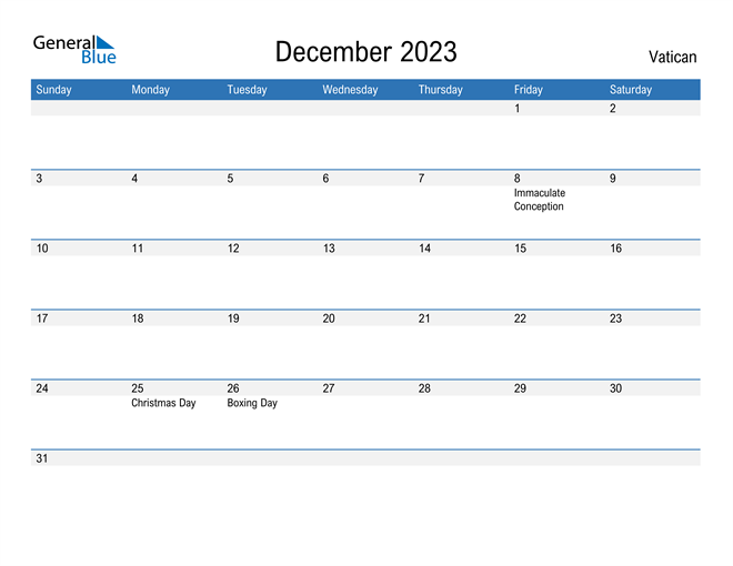 Vatican December 2023 Calendar with Holidays