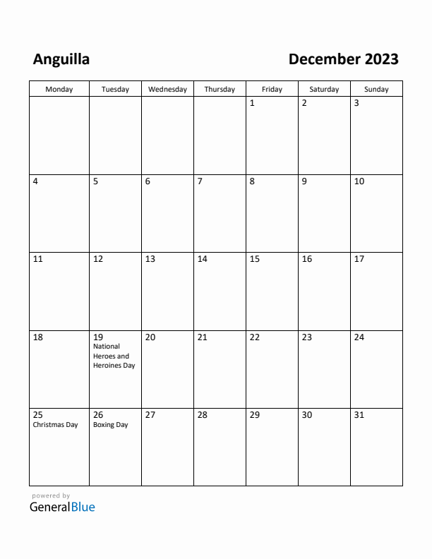 December 2023 Calendar with Anguilla Holidays