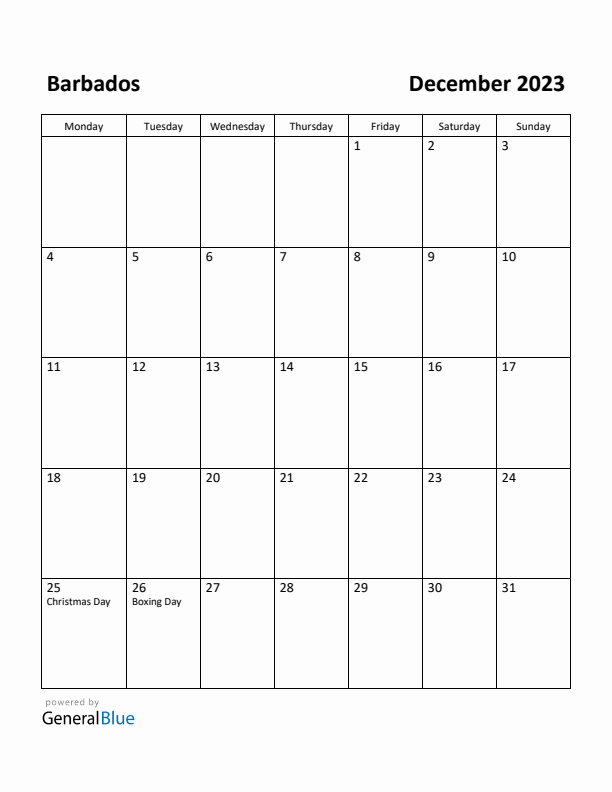 December 2023 Calendar with Barbados Holidays