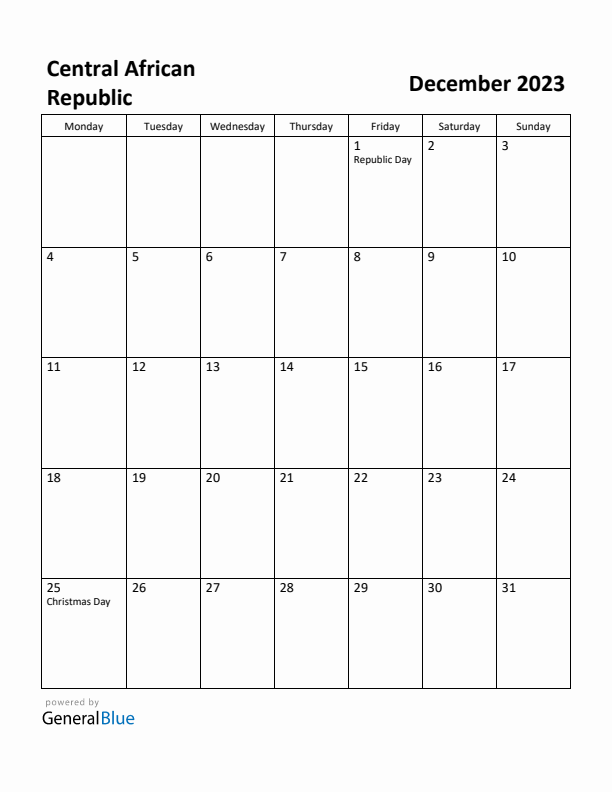 December 2023 Calendar with Central African Republic Holidays
