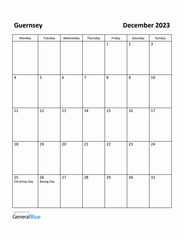 December 2023 Calendar with Guernsey Holidays