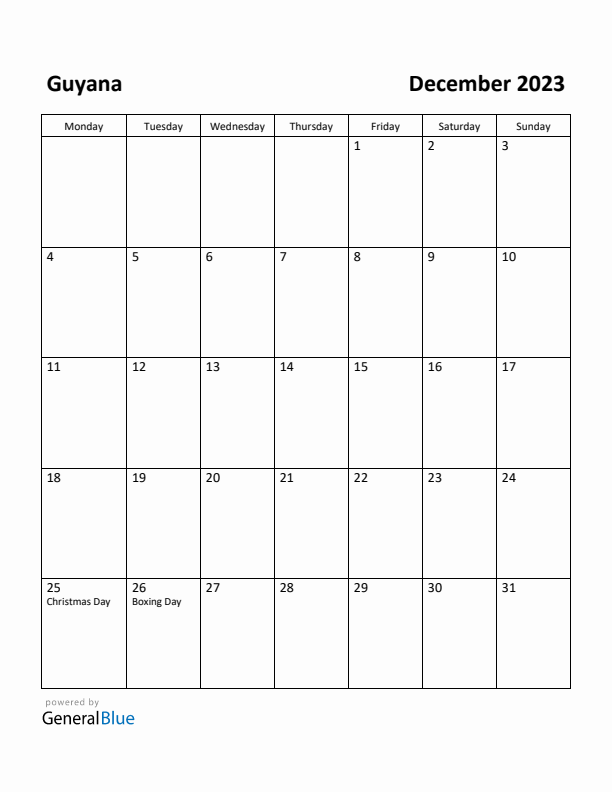December 2023 Calendar with Guyana Holidays