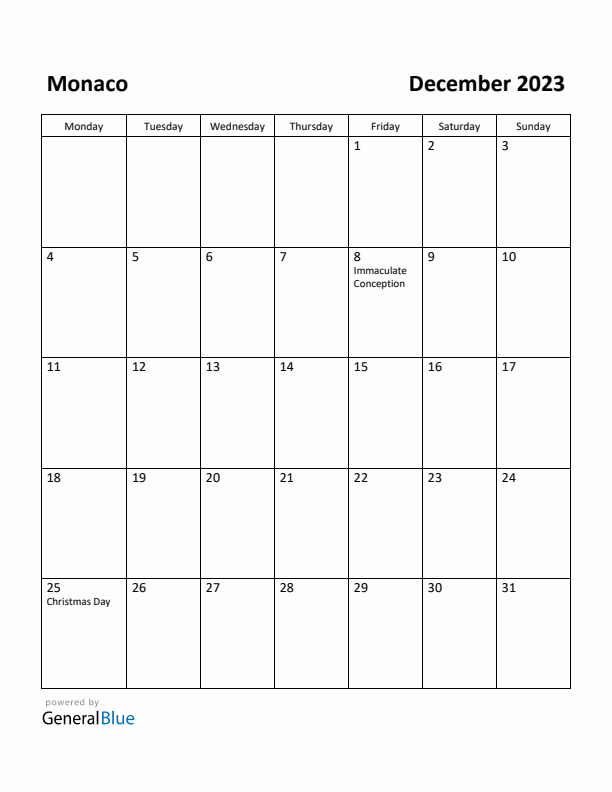 December 2023 Calendar with Monaco Holidays
