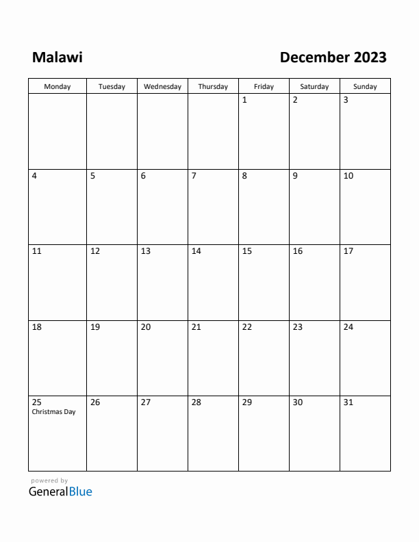 December 2023 Calendar with Malawi Holidays