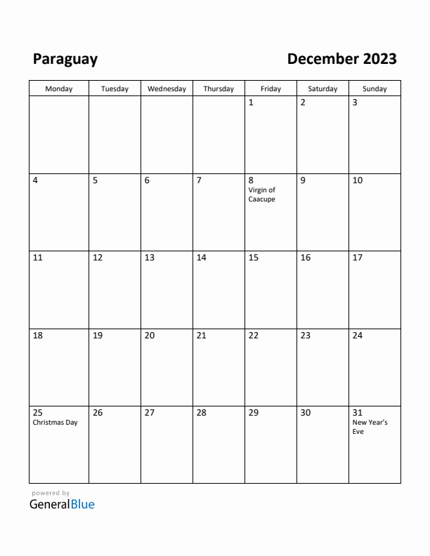 December 2023 Calendar with Paraguay Holidays