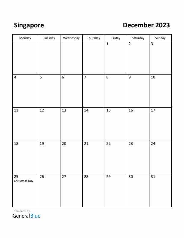 December 2023 Calendar with Singapore Holidays