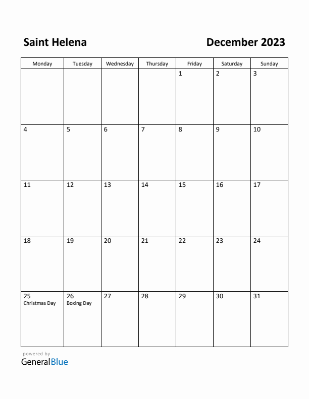 December 2023 Calendar with Saint Helena Holidays