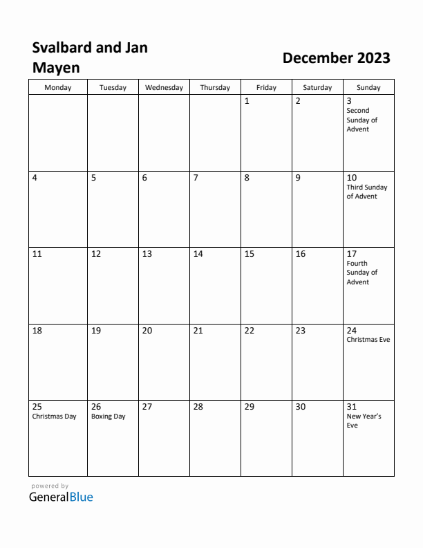 December 2023 Calendar with Svalbard and Jan Mayen Holidays