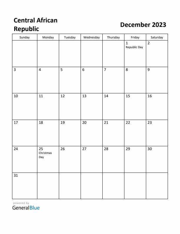 December 2023 Calendar with Central African Republic Holidays