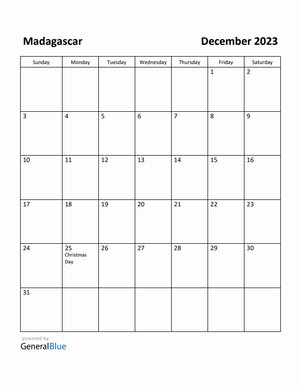 December 2023 Calendar with Madagascar Holidays