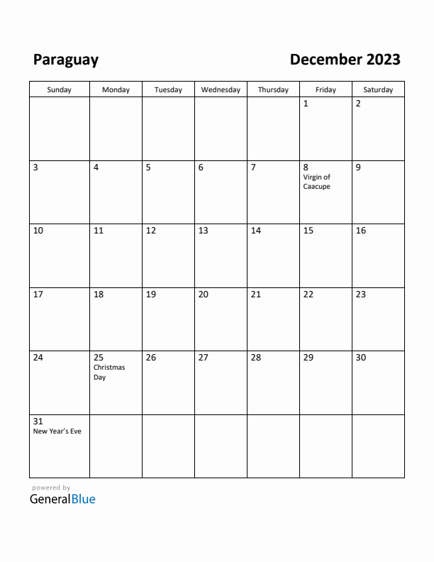 December 2023 Calendar with Paraguay Holidays