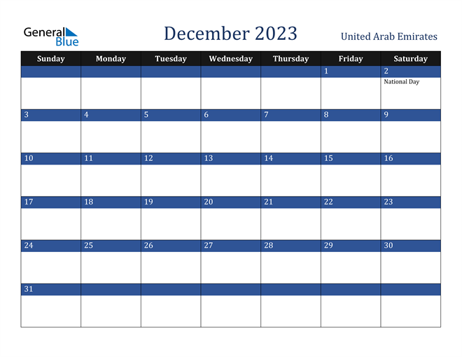 December 2023 Calendar with United Arab Emirates Holidays