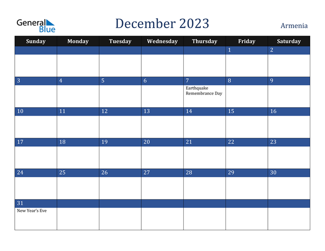 December 2023 Armenia Calendar