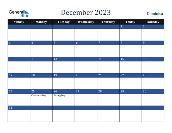 December 2023 Dominica Calendar