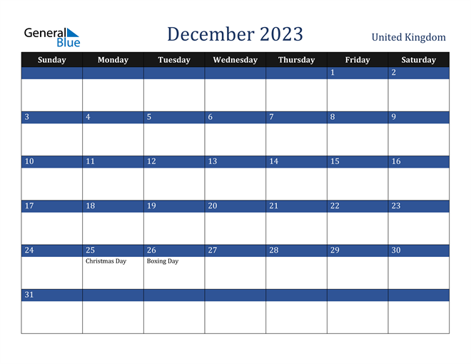 December 2023 United Kingdom Calendar