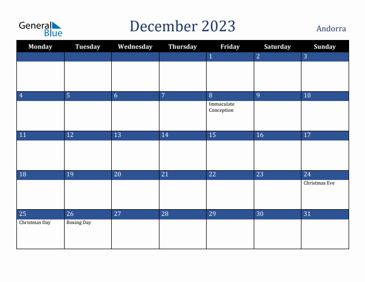 December 2023 Andorra Calendar (Monday Start)