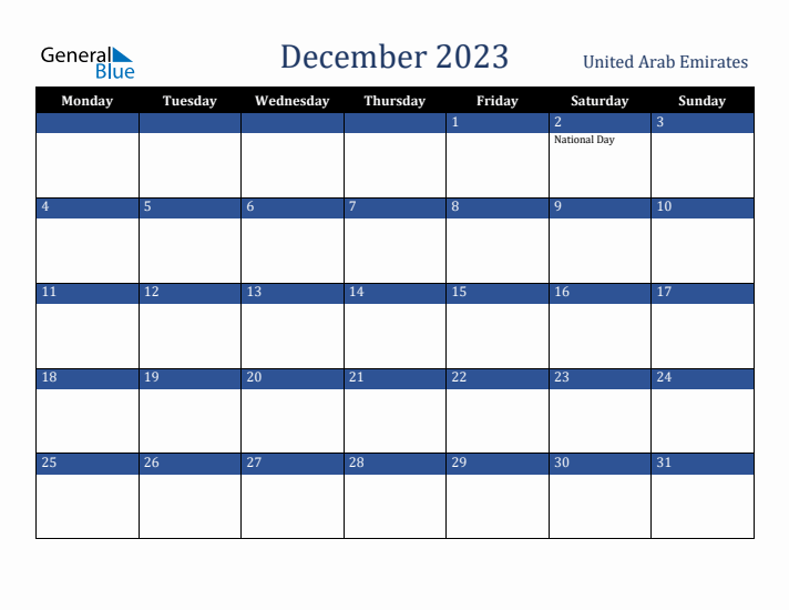December 2023 United Arab Emirates Calendar (Monday Start)