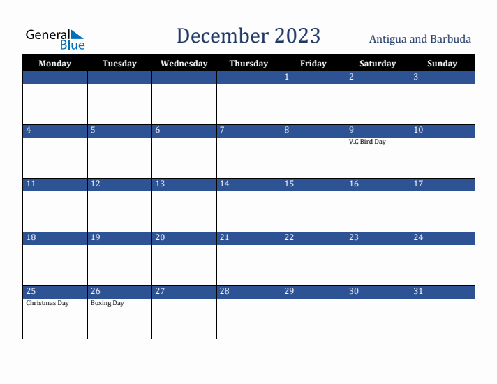 December 2023 Antigua and Barbuda Calendar (Monday Start)