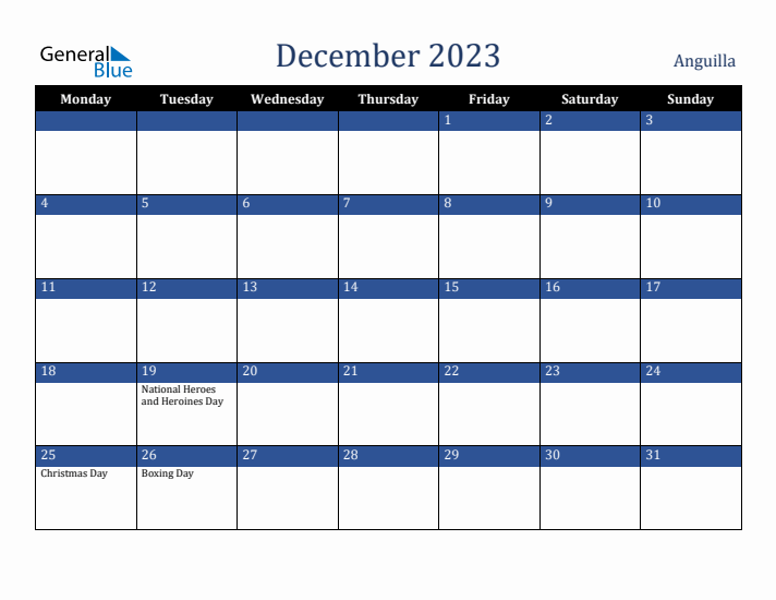 December 2023 Anguilla Calendar (Monday Start)