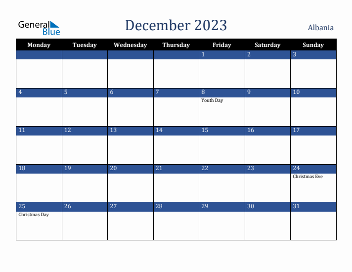 December 2023 Albania Calendar (Monday Start)