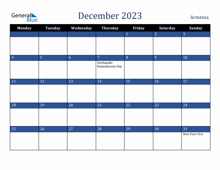 December 2023 Armenia Calendar (Monday Start)