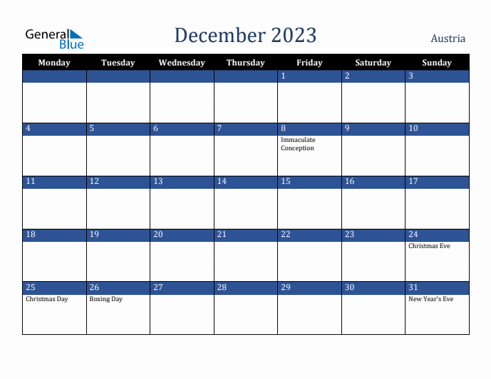December 2023 Austria Calendar (Monday Start)